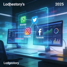 Futuristic digital landscape showing social media, analytics, and business integration in 2025.