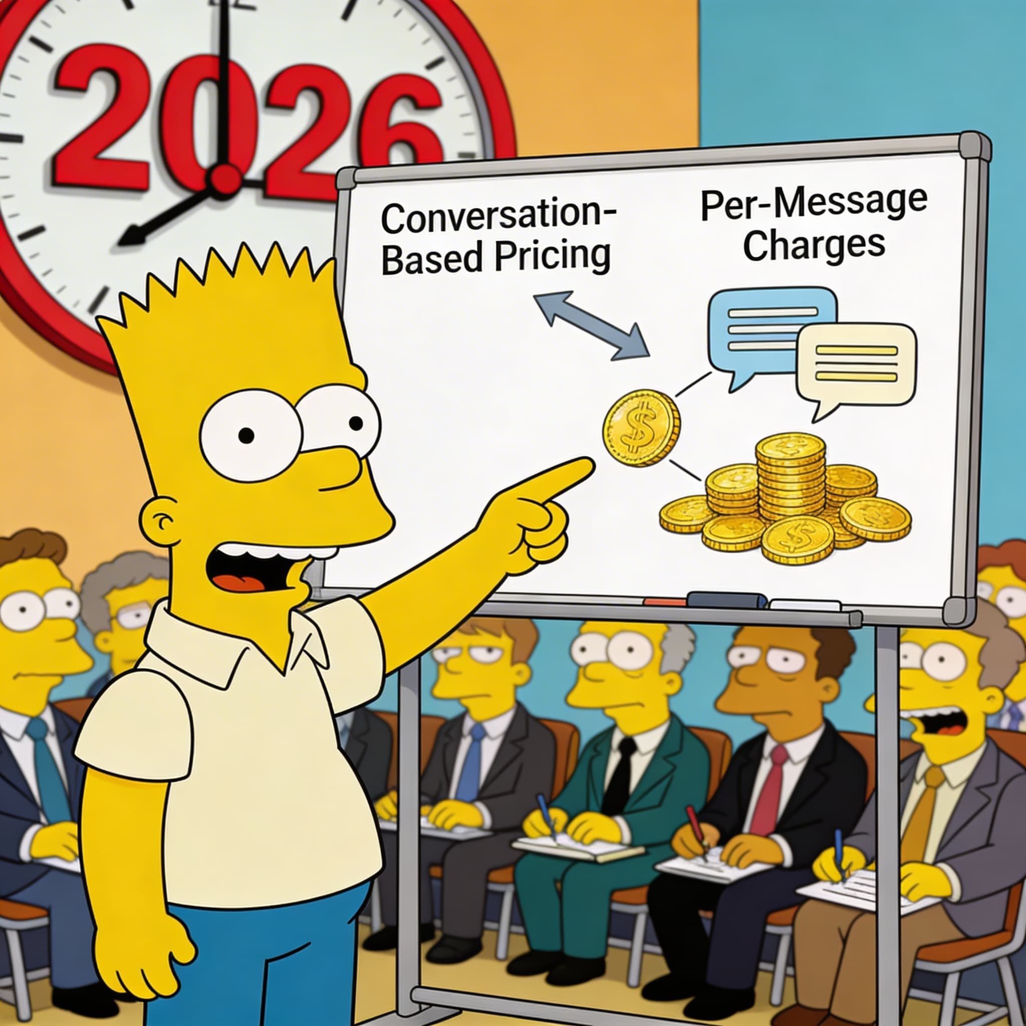 Simpson-style character presenting WhatsApp pricing model change from conversation to per-message billing