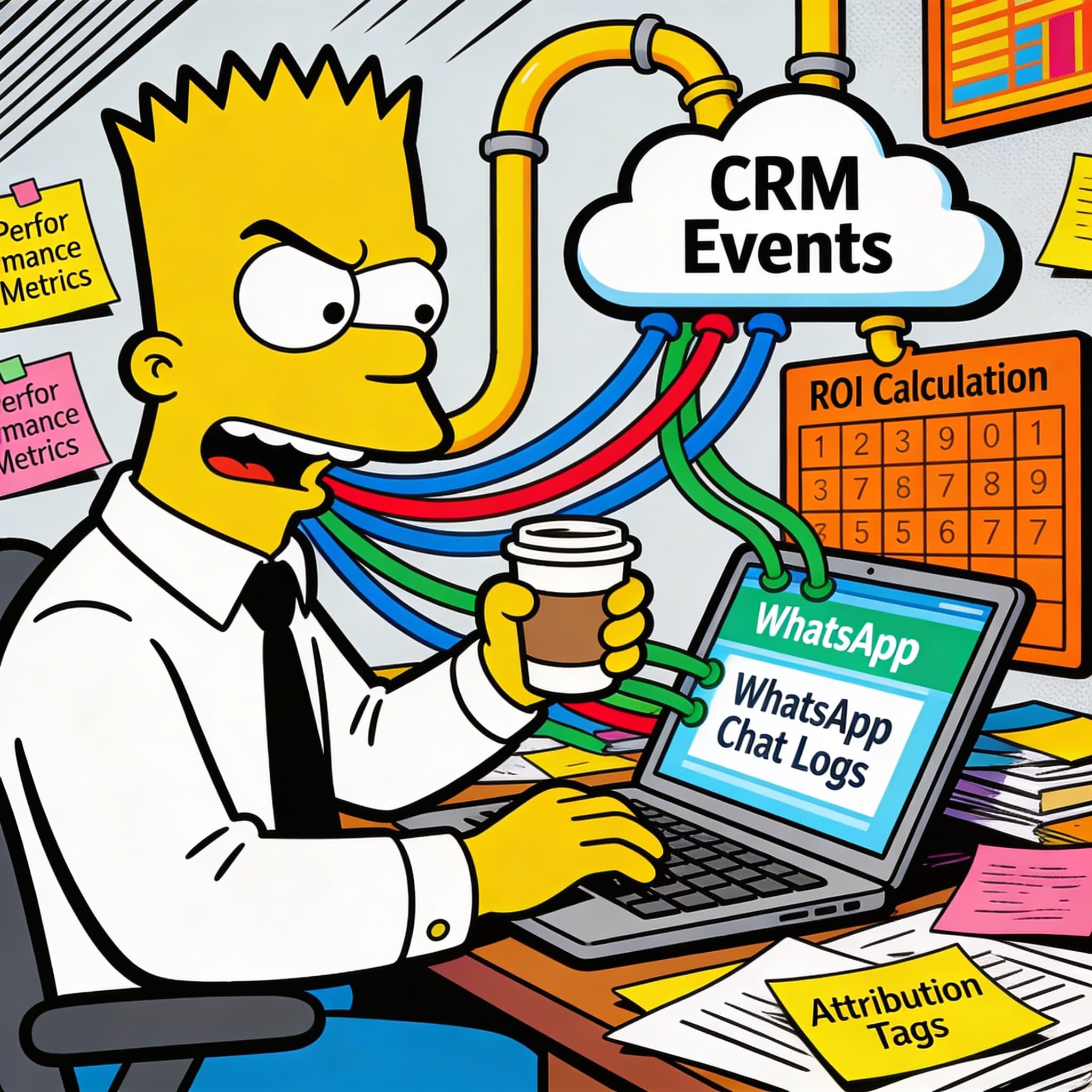 Simpson-style illustration showing CRM and WhatsApp data integration for ROI tracking.