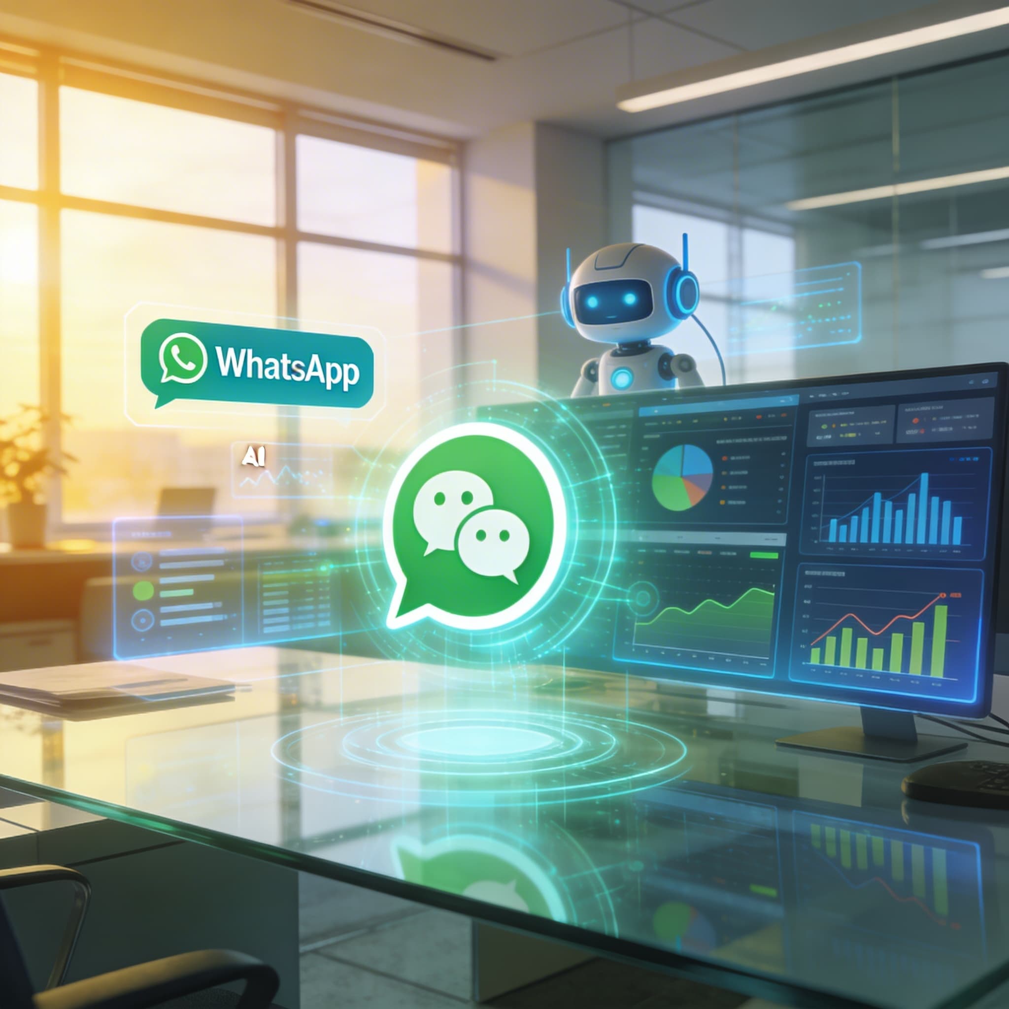 Futuristic workspace showing WhatsApp AI marketing interface with analytics dashboard and chatbots in 2026.