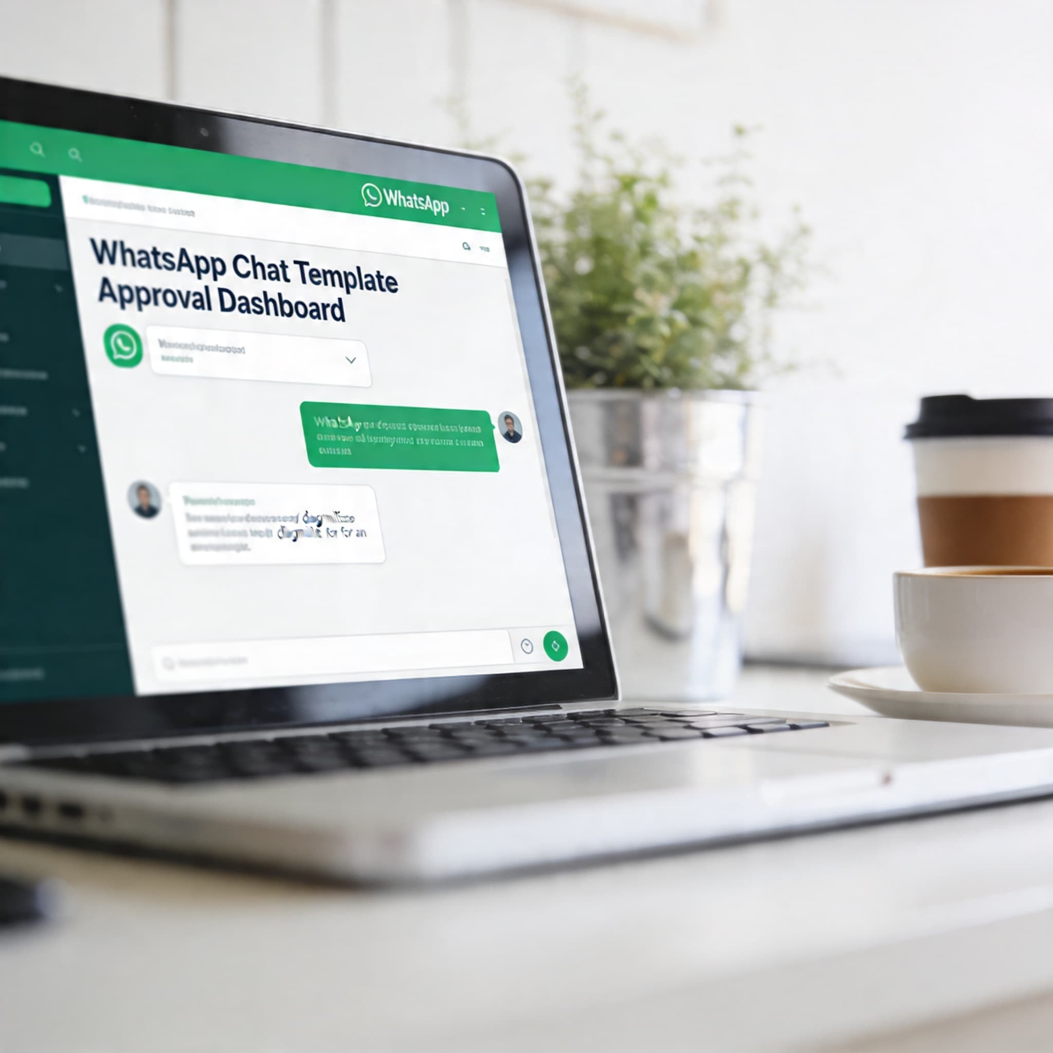 Modern workspace showing a WhatsApp template approval dashboard on a laptop, symbolizing compliance and business communication.