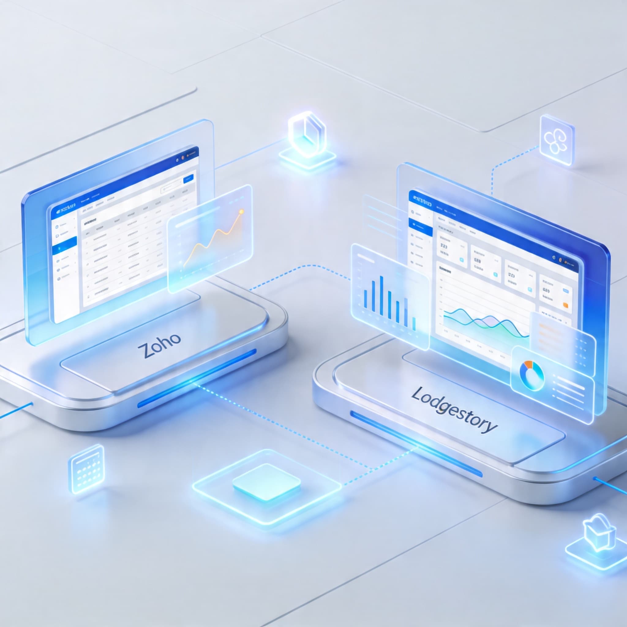 Abstract comparison of two CRM platforms represented by futuristic dashboards and data visuals for a business technology blog