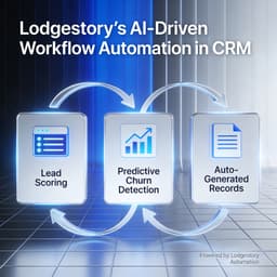 Visualization of AI workflow automation in CRM with lead scoring and predictive analytics modules.